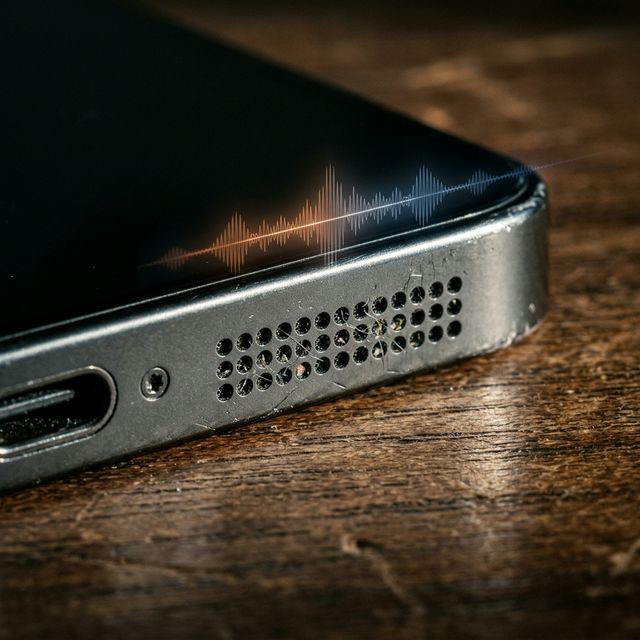 Alto-falante de smartphone em macro mostrando partículas na grade