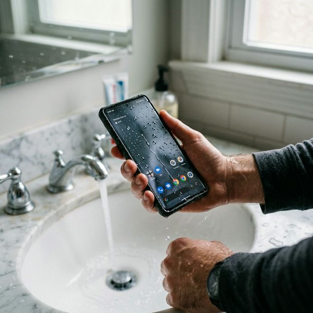 Mão segurando smartphone molhado com gotas de água