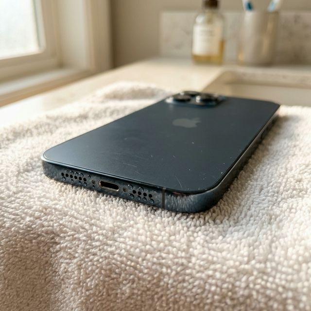 Smartphone com gotas de água no alto-falante sobre toalha branca