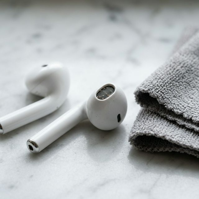 Fones de ouvido sem fio sobre superfície de mármore com pano de microfibra