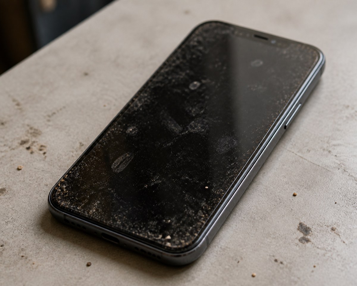 Celular com a tela e a grade do alto-falante cobertas de poeira sobre uma bancada de concreto